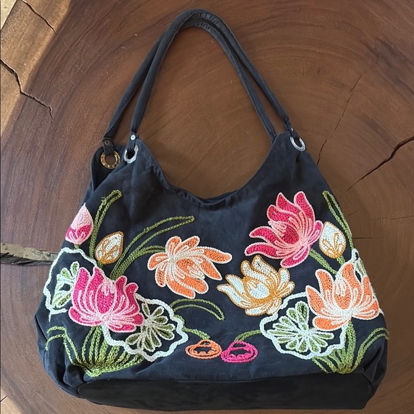 Bamboo 54 Faux Suede Embroidered Floral Black Tote Bag - Picture 1 of 12